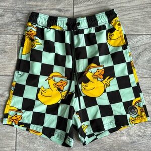 Mens Swim Trunks Size Small, Black and Green Checkerboard / Rubber Duck pattern